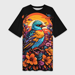 Женская длинная футболка Тропическая птица и листья