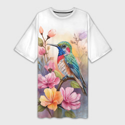Женская длинная футболка Колибри и цветы - акварель