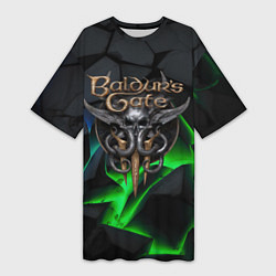 Женская длинная футболка Baldurs Gate 3 black blue neon