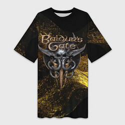 Женская длинная футболка Baldurs Gate 3 logo gold black