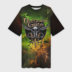 Женская длинная футболка Baldurs Gate 3 logo dark green fire