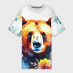 Женская длинная футболка Морда медведя гризли с цветами акварелью