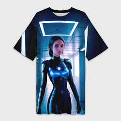 Женская длинная футболка Девушка биоробот на космической станции