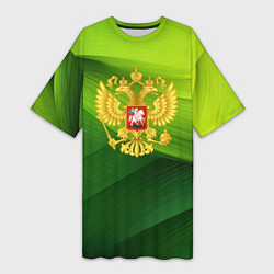 Женская длинная футболка Золотистый герб России на зеленом фоне