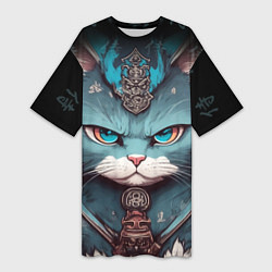 Женская длинная футболка Кот самурай сердитый