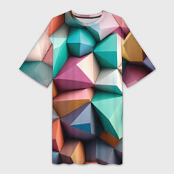 Женская длинная футболка Полигональные объемные кубы и тетраэдры в пастельн