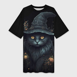 Женская длинная футболка Черный кот в шляпе