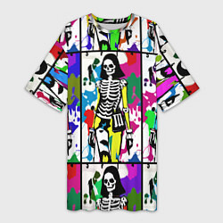Женская длинная футболка Разноцветные скелеты девушки - поп-арт - мода