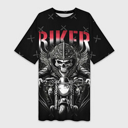 Женская длинная футболка Скелет байкера на мотоцикле