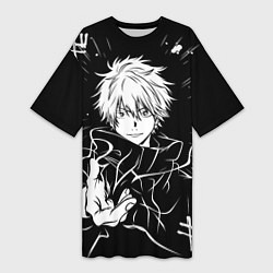 Футболка женская длинная Сатору Годжо - черно-белый, цвет: 3D-принт