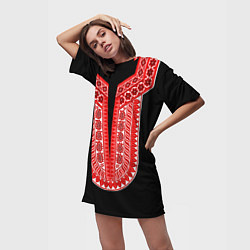 Футболка женская длинная Красный орнамент в руском стиле, цвет: 3D-принт — фото 2