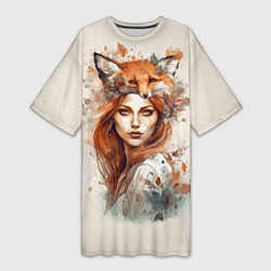 Женская длинная футболка Осенний портрет девушка-лиса