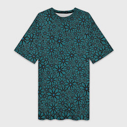 Женская длинная футболка Цветочный паттерн сине-зелёный