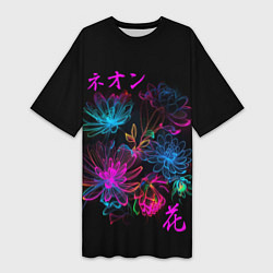 Женская длинная футболка Неоновые цветы - японский стиль