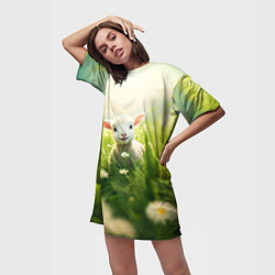 Футболка женская длинная Овечка в траве, цвет: 3D-принт — фото 2