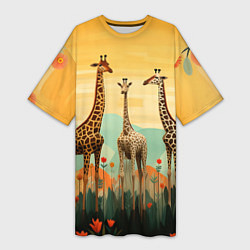 Женская длинная футболка Три жирафа в стиле фолк-арт