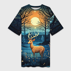 Женская длинная футболка Олень в ночном лесу фолк-арт