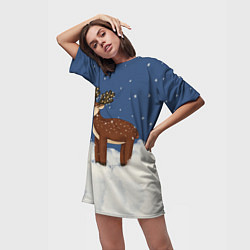 Футболка женская длинная Олень Рудольф снежной ночью, цвет: 3D-принт — фото 2