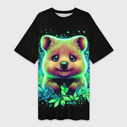 Женская длинная футболка Улыбающийся квокка в неоновых листиках