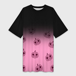 Футболка женская длинная Черно-розовый градиент и хэллоуинские тыквы паттер, цвет: 3D-принт