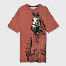 Женская длинная футболка Конь в красном пальто