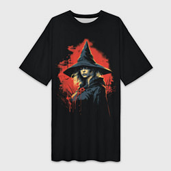 Женская длинная футболка Ведьма в шляпе кровавый фон