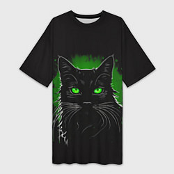 Футболка женская длинная Портрет черного кота в зеленом свечении, цвет: 3D-принт