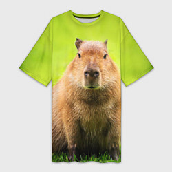 Женская длинная футболка Capybara on green grass