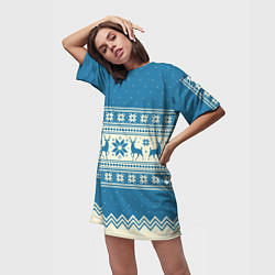 Футболка женская длинная Sweater with deer on a blue background, цвет: 3D-принт — фото 2