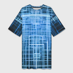 Женская длинная футболка Синие неоновые полосы киберпанк