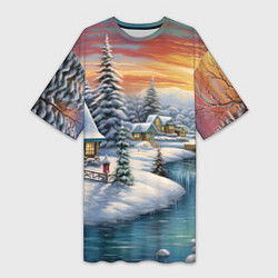 Женская длинная футболка Зимняя маленькая речка