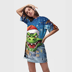 Футболка женская длинная Милый зеленый дракончик 2024, цвет: 3D-принт — фото 2