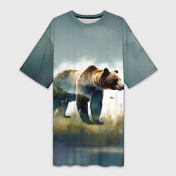 Женская длинная футболка Минималистичный пейзаж с медведем акварель