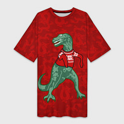 Женская длинная футболка Динозавр в свитере - новогодние драконы