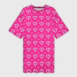 Женская длинная футболка Сердечки паттерн насыщенный розовый