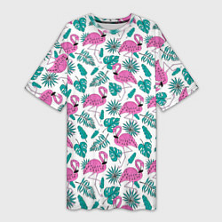 Женская длинная футболка Тропический розовый фламинго