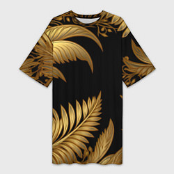 Женская длинная футболка Золотые объемные листья узоры