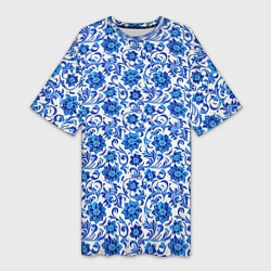 Футболка женская длинная Гжель классика, цвет: 3D-принт
