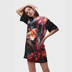 Футболка женская длинная Красный волк в брызгах краски, цвет: 3D-принт — фото 2