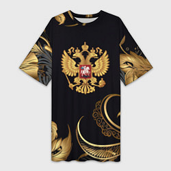 Футболка женская длинная Золотой герб России и объемные листья, цвет: 3D-принт