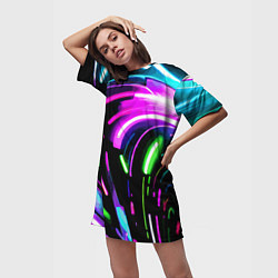 Футболка женская длинная Неоновая экспрессивная абстракция, цвет: 3D-принт — фото 2