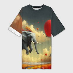 Женская длинная футболка Сюрреалистичный слон летит за шариком