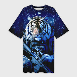 Женская длинная футболка Тигр солдат снег и звезды