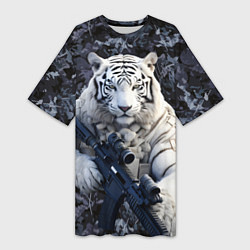 Женская длинная футболка Белый тигр солдат