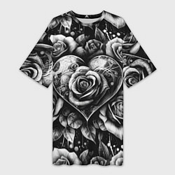 Женская длинная футболка Черно белое сердце и розы