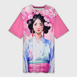 Женская длинная футболка Ветки сакуры японская гейша
