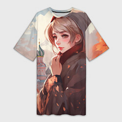 Женская длинная футболка Русская девушка в аниме стиле