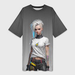 Футболка женская длинная Блондинка в белой футболке Cyberpunk 2077, цвет: 3D-принт