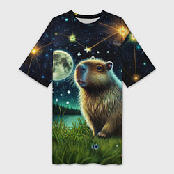 Женская длинная футболка Капибара прогулки в полнолуние