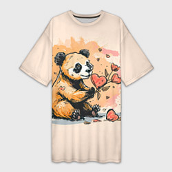 Женская длинная футболка Милая панда с сердечком и цветами